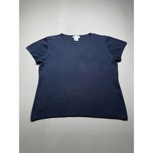 Barry Bricken Navy Blue 100% Silk Knit Short Sleeve Sweater Top Large